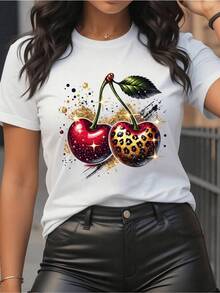 Two Radiant Cherries With Golden Sparkles And Animal Print Spots Symbolize Feminine Strength, Passion, And Elegance Combined With Modern Energy On This Attractive And Comfortable Casual Women's T-Shirt - 白色 - 查看 1