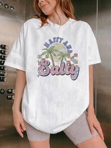 Green Palm Trees Under A Bright Sun Surrounded By Colorful Flowers And Hearts That Convey Joy And A Relaxed Summer Vibe; A Modern, Casual, Comfortable Women's T-Shirt For Everyday Wear - 白色 - 查看 1