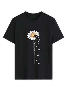 A White Flower With Soft Petals That Scatter To Form Hearts Symbolizes The Purity Of Love And Hope For New Beginnings. A Comfortable, Casual Women's T-Shirt For Everyday Wear, Stylish And Modern. - 黑色 - 查看 8