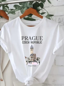 Iconic Prague Tower Reflecting History, Art, And European Charm, Inspiring Unique Travels And Memories. Soft And Comfortable Casual Women's T-Shirt For Everyday Wear. - 白色 - 查看 6