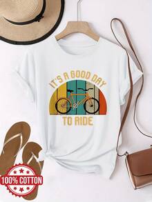 A Graphic Showing A Bicycle Against A Warm-Colored Background Symbolizes Freedom, Movement, And Positive Energy-Perfect For Women Who Love An Active Lifestyle. A Comfortable And Modern Casual Women's T-Shirt. - 白色 - 查看 6