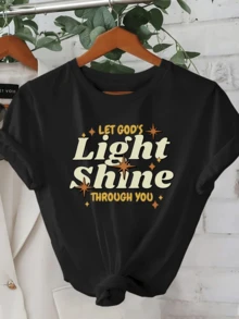 Motivational Phrase That Invites You To Let Your Inner Light Shine And Transmit Positive Energy With Retro Typography And Luminous Stars. Casual, Comfortable And Modern Women's T-Shirt For Everyday Use - 黑色 - 查看 1