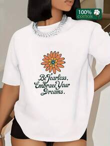 Flor anaranjada que simboliza energía vital esperanza y valentía con frase motivadora que inspira confianza y amor propio camiseta de mujer casual moderna cómoda para uso diario - Blanco - Ver 1