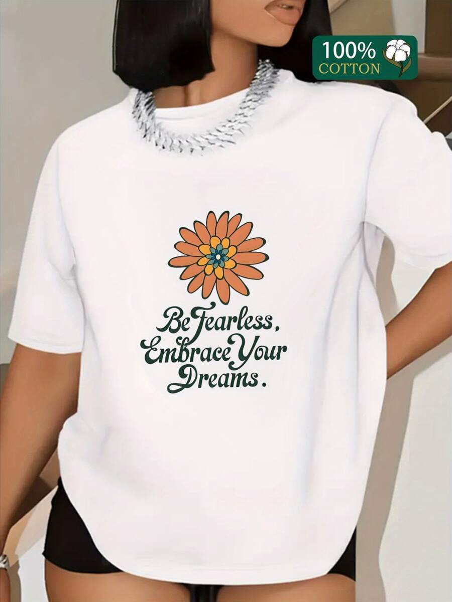 Flor anaranjada que simboliza energía vital esperanza y valentía con frase motivadora que inspira confianza y amor propio camiseta de mujer casual moderna cómoda para uso diario - Blanco - Ver 1