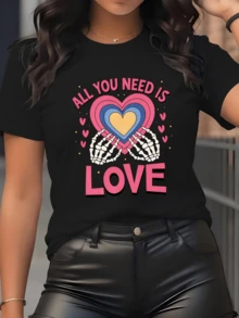 Multicolored Hearts Held By Bone Hands Symbolize The Union Between Life And Eternal Love In A Vibrant Artistic Expression. This Modern, Comfortable, Casual Women's T-Shirt Is Perfect For Everyday Wear. - 黑色 - 查看 1