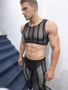 Bộ đồ 2 món lưới mắt cáo sọc cho nam - Áo crop top khoét rỗng & Quần brief cạp vừa, nội y gợi cảm khiêu khích cho nam - màu đen - Xem 2