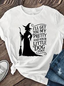 An Elegant Witch Figure Holding A Broomstick, Accompanied By A Fun Phrase That Inspires Confidence, Independence, And A Touch Of Mystery-Ideal For Expressing A Unique Personality. A Modern, Casual Women's T-Shirt. - 白色 - 查看 1