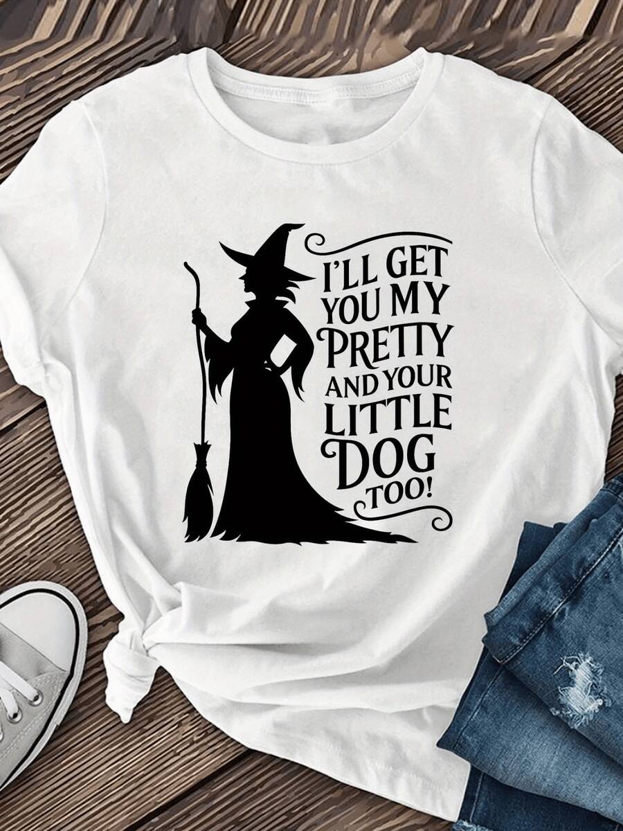 An Elegant Witch Figure Holding A Broomstick, Accompanied By A Fun Phrase That Inspires Confidence, Independence, And A Touch Of Mystery-Ideal For Expressing A Unique Personality. A Modern, Casual Women's T-Shirt. - 白色 - 查看 1