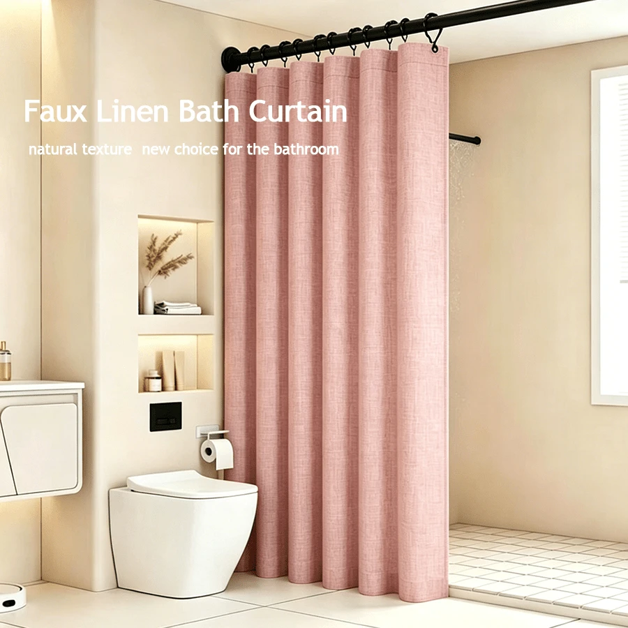 1pc Pink Faux Linen Texture Shower Curtain, Modern Minimalist Style Faux Linen Shower Curtain, Thickened Opaque Waterproof Bathroom Wet/Dry Separation Curtain (Daily Home Use/Hotel Apartment/All Seasons)