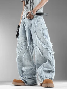 Men's Loose Wide Leg Denim Pants,Classic Washed Cat Whisker Design,Retro Nostalgic,Leisure Fashion (Belt & Accessories Not Included) - Blue - View 4
