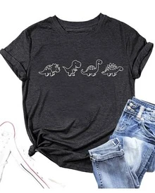 Cute Dinosaur Pattern Representing Friendship And Prehistoric Joy With Fun Figures And Smooth Lines, Ideal For Expressing Positive Energy. Comfortable Casual Women's T-Shirt For Everyday Wear. - 黑色 - 查看 8
