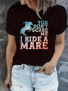 Image Of A Woman Riding A Horse Symbolizing Strength, Freedom And Courage In The Face Of Challenges. Modern Casual Women's T-Shirt Ideal For Lovers Of The Countryside And Horse Riding. - 黑色 - 查看 6