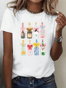 Colorful Bottles Decorated With Ribbons Convey Joy, Celebration, And Elegance-Ideal For Expressing A Festive And Modern Spirit. Comfortable And Versatile Casual Women's T-Shirt - 白色 - 查看 1