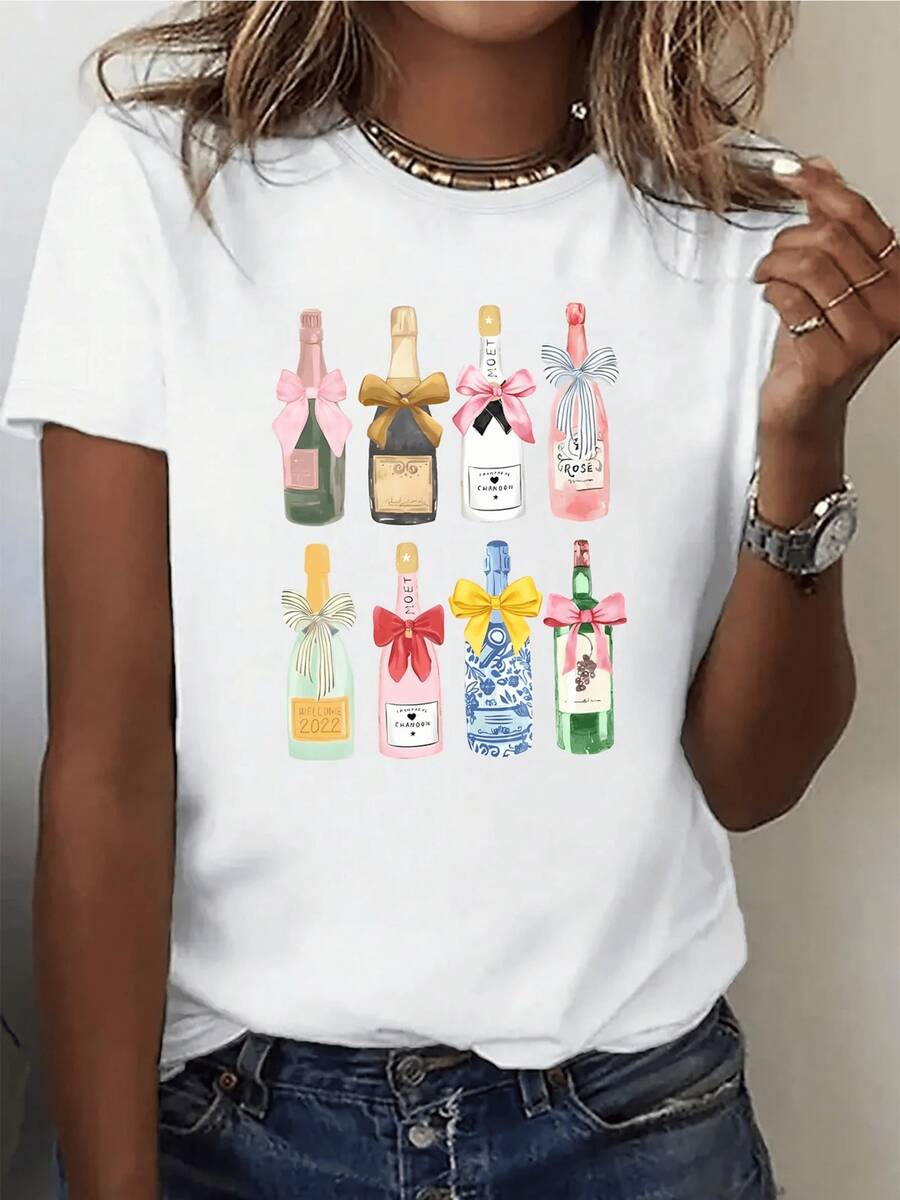 Colorful Bottles Decorated With Ribbons Convey Joy, Celebration, And Elegance-Ideal For Expressing A Festive And Modern Spirit. Comfortable And Versatile Casual Women's T-Shirt - 白色 - 查看 1