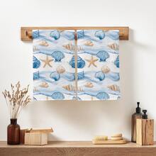 2pcs Summer Blue Ocean Shell Pattern Kitchen Towels, Soft Polyester Material Dish Cloths, Suitable For Kitchen Decor, Cleaning, Holiday Party Decoration, Kitchen & Bathroom Essentials, Home Decor, Housewarming Gift - Multicolor - View 2