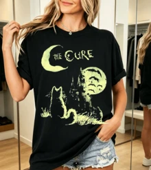 100% Cotton The Cure Cat And Moon Light Green Gothic Rock T-Shirt - Black - View 6