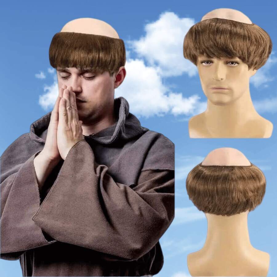 僧侶假髮、修士假髮、神父服裝假髮、中世紀服裝假髮、萬聖節男士假髮、禿頂假髮、Cosplay派對假髮、華麗服飾配件、宗教角色扮演假髮、嘉年華服裝假髮 - 彩色 - 查看 1