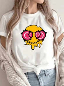 A Melting Yellow Face With Spiraling Pink Eyes Symbolizes A Mix Of Joy And Madness, Conveying Fun Energy And A Rebellious Touch. This Modern, Casual Women's T-Shirt Is Ideal For Everyday Wear. - White - View 6
