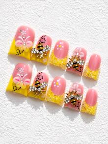 Premium Y2K Handmade 3D Carved Butterfly, Bee French Tip Press On Nails, Butter Yellow Sugar Frosted Rhinestones, Metal Charm Nail Art Set Summer - Nhiều - Xem 12