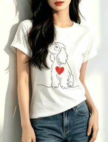 Women's Cocker Spaniel Line Art T-Shirt - Soft And Breathable Short-Sleeved Crew Neck Top With A Cocker Spaniel Dog Print, Machine Washable, Suitable For Casual Spring, Summer And Autumn Wear, Sizes S-XXL For Walks, Park Outfits And Everyday Wear - White - View 2