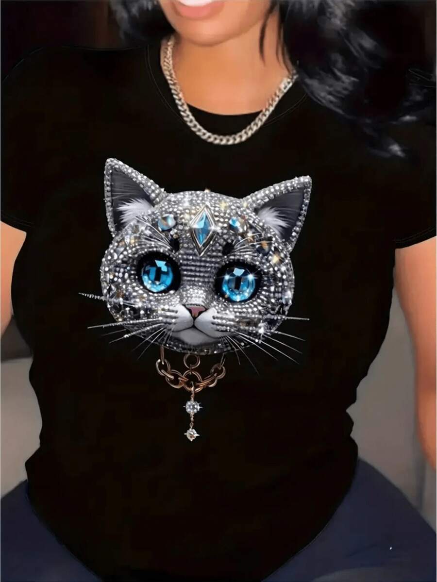 100% Cotton T-Shirt With Siamese Cat Face Print 's & 'S - Black, Blue And White Feline Portrait, Round Neck, Short Sleeve, Casual Loose Fit For Cat Lovers, Comfortable Urban Wear For All Seasons (Halloween And [COD] - 黑色 - 查看 1
