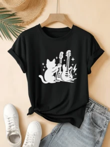 Cat Playing Electric Guitars Surrounded By Sparkles Symbolizing Freedom, Creativity And Musical Energy, Ideal For A Young And Modern Spirit, Comfortable Casual Women's T-Shirt For Everyday Wear - 黑色 - 查看 8