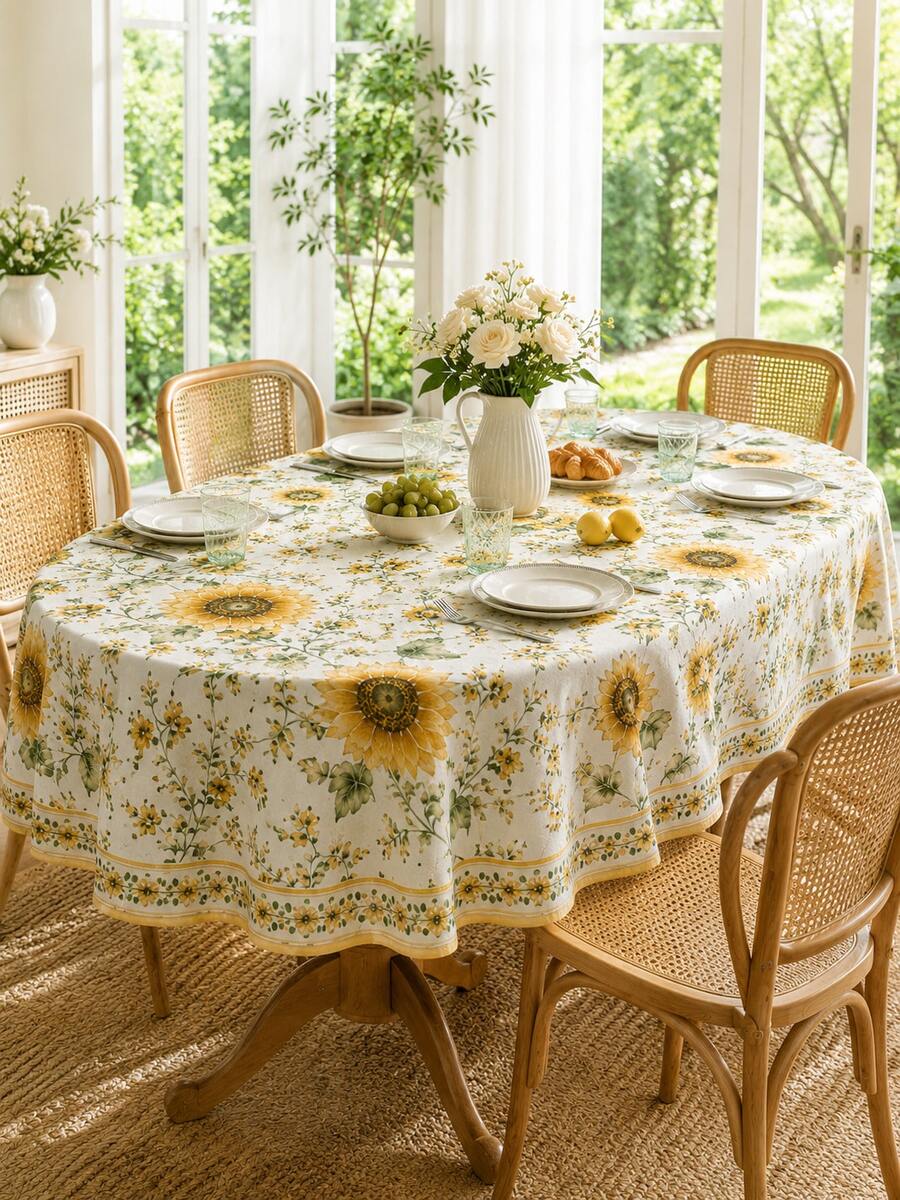 1 pieza Mantel de mesa de cocina con patrón floral de girasol amarillo estilo campestre americano, adecuado para decoración de cocina, decoración de boda, decoración del hogar, flores, cocina, artículos esenciales de cocina, decoración de la casa - Multicolor - Ver 1
