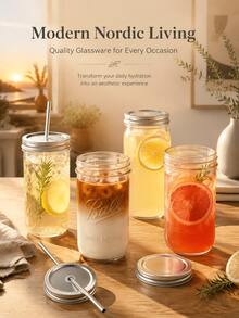1 Piece (Set) Large-Capacity Heat-Resistant Transparent Glass Mason Jar (With Lid And Straw), Suitable For Boba Milk Tea, Coffee, Juice And Cold Drink - 無色 - 查看 1