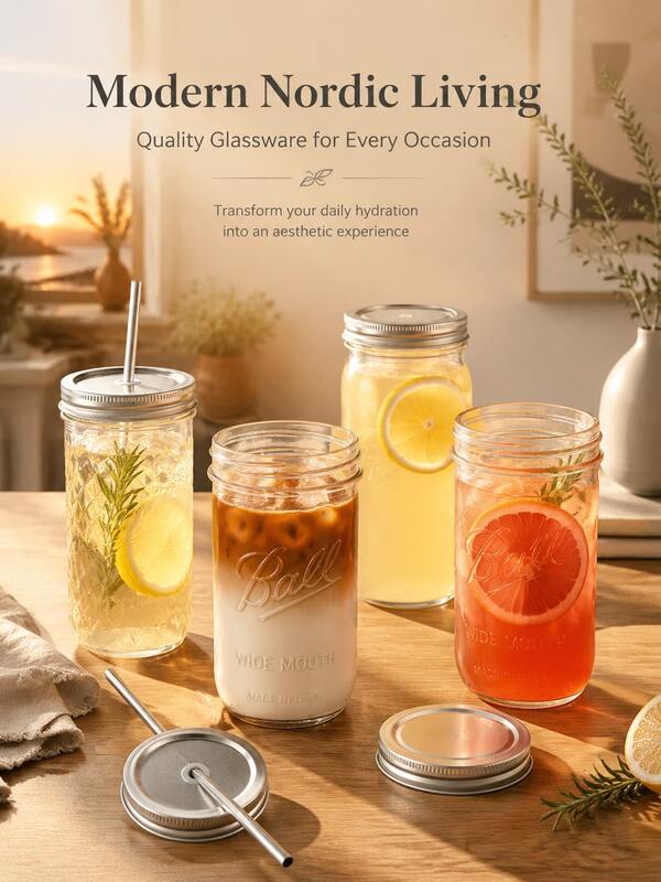 1 Piece (Set) Large-Capacity Heat-Resistant Transparent Glass Mason Jar (With Lid And Straw), Suitable For Boba Milk Tea, Coffee, Juice And Cold Drink