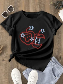 Red Apples With Playful Contours And Blue Stars Evoke A Fun Air Of Spontaneous Energy And Artistic Charm. Modern Casual Women's T-Shirt For Everyday Wear. - 黑色 - 查看 1