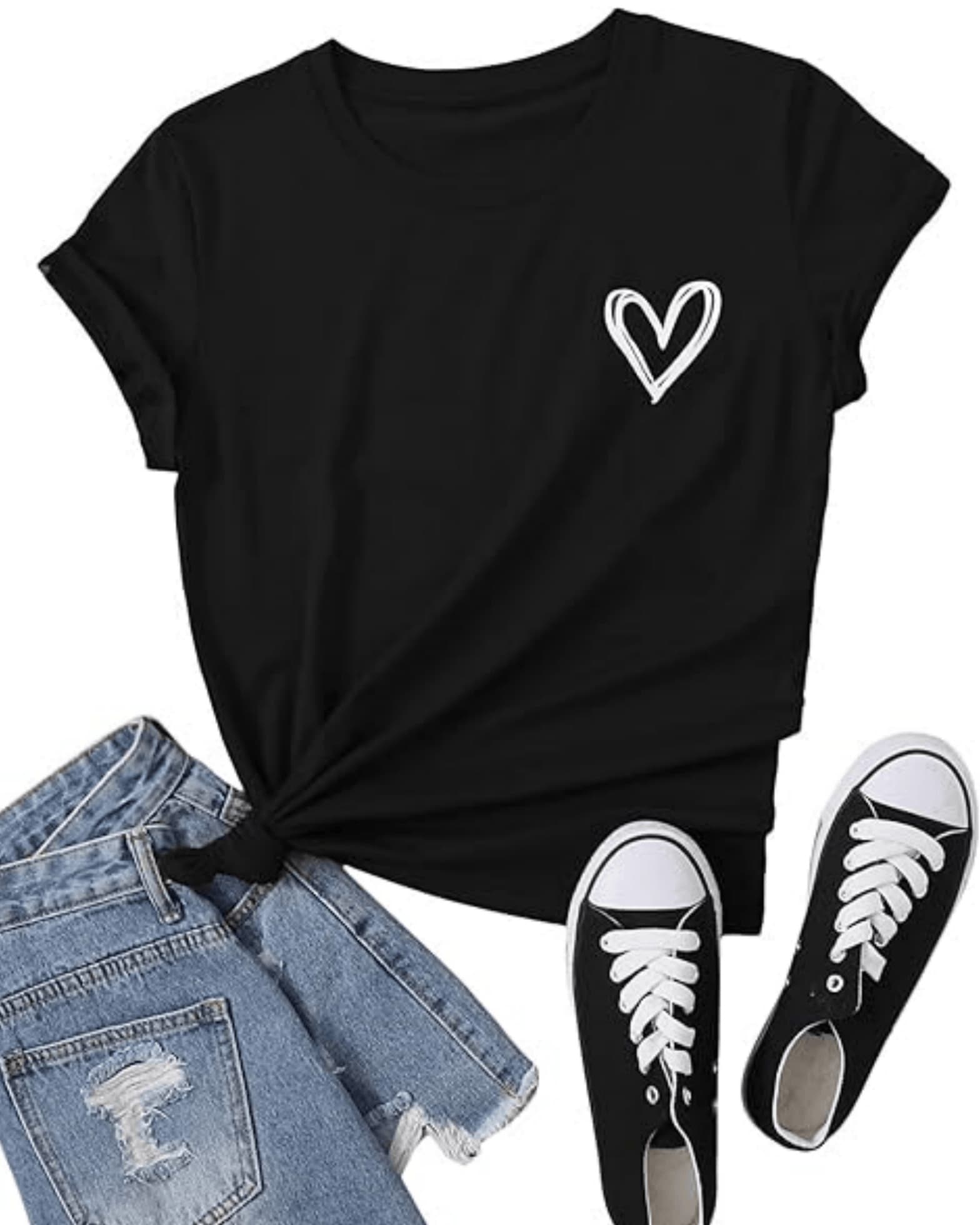Hand-Drawn White Heart Symbolizing Sincere Love And Optimism In Every Day, With Casual Style And Free Spirit, Ideal For Expressing Tenderness And Confidence. Comfortable And Modern Women's T-Shirt - 黑色 - 查看 1