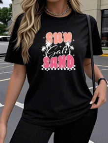 Palm Trees Next To The Sun, Evoking Warm Sand And Sea Breeze, Conveying Freedom And Summer Joy, Perfect For Relaxed Days. A Casual, Attractive, And Comfortable Women's T-Shirt For Everyday Wear. - 黑色 - 查看 6
