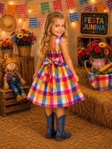 Girls' Dress, Flared, For June Festivals, São João, Arraia, Queen Of Popcorn, Corn, Party, Girl's, Checkered Print, Bow, Elegant, Classic, Children's Day Gift, Country Look, Square Dance, Themed Party, Country, June Festival, Photoshoot, Elegant, Sophisticated - Nhiều màu - Xem 2