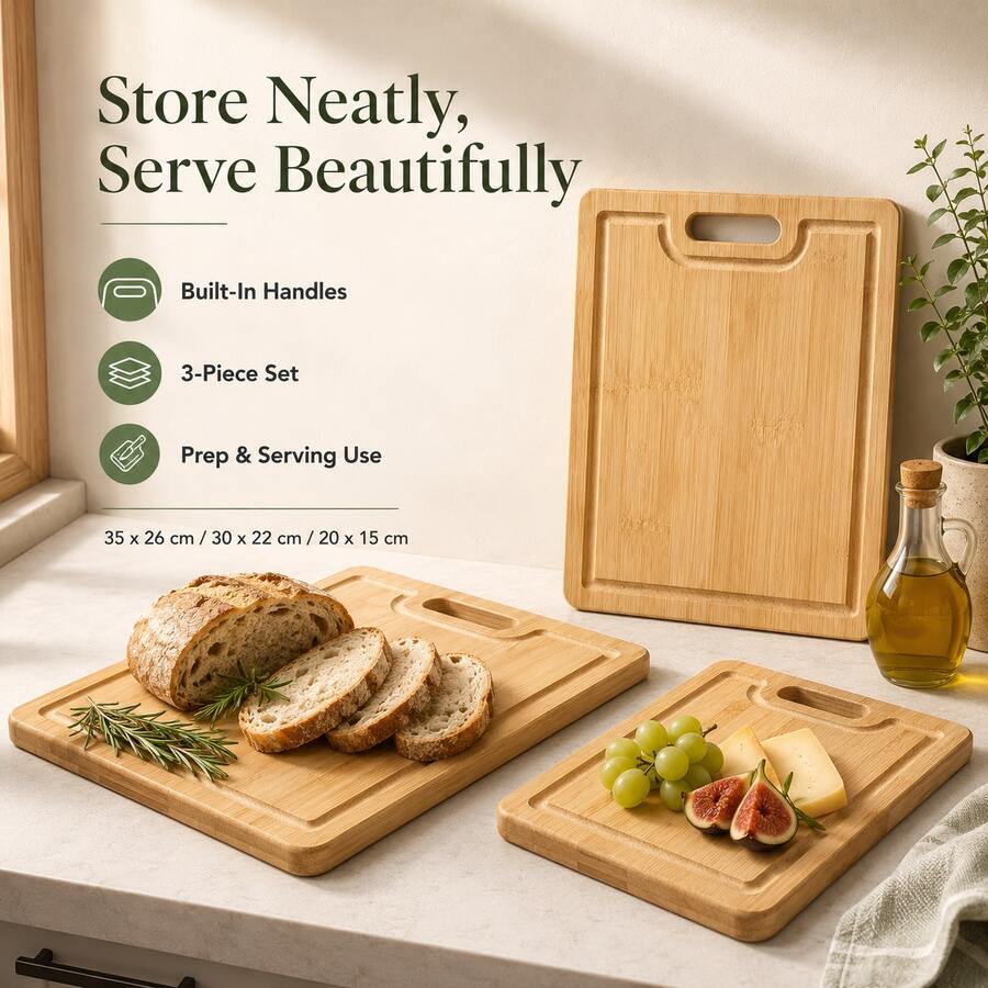 3pcs Bamboo Cutting Board Set - Multifunctional Kitchen Prep Combo (With Portable Handle Design) - View 1