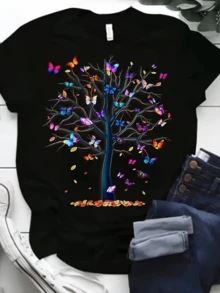 Árbol luminoso con ramas que florecen en mariposas de colores simbolizando libertad transformación y belleza de la naturaleza camiseta de mujer moderna para uso diario cómoda y atractiva - Negro - Ver 1