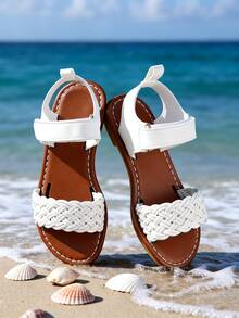 Kids Girls White Braided Strap Sandals, Adjustable Hook-And-Loop Ankle Strap, Open Toe Flat Design With Woven Straps, Non-Slip Wear-Resistant Sole - White - View 1
