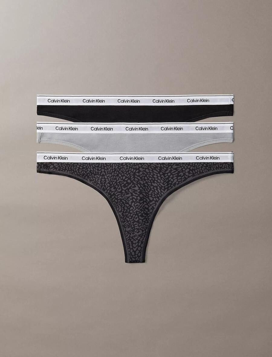 Calvin Klein CalvinKlein Icon Logo 3-Pack Low Rise Thong Underwear Women Panties QD5209 - Animal Mirror Oxford Blk - View 1