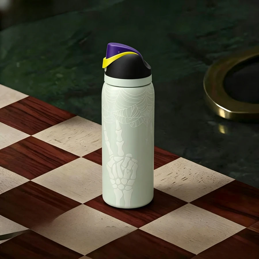 32 Oz Water Bottle Cup Boneyard Vacuum Water Bottle Drinkware Tumbler Stainless Steel Thermal Mug Original Cold Hot Cup OwFreeSip - Mạng nhện hình đầu lâu phát sáng (màu trắng) - Xem 1