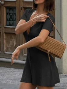 Women's Ribbed Knit Mini Dress With Button Front, V-Neck, And Short Sleeves Medium Stretch Slim Fit Sundress, Dresses For Women, Summer Dresses - 黑色 - 查看 5