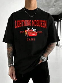 Disney Licensed Cars Lightning McQueen Racing Graphic T-Shirt, Casual Cool Style, Ultra-Soft Breathable Fabric, Perfect For Daily Wear & Movie Fan Events, Men's - 黑色 - 查看 2