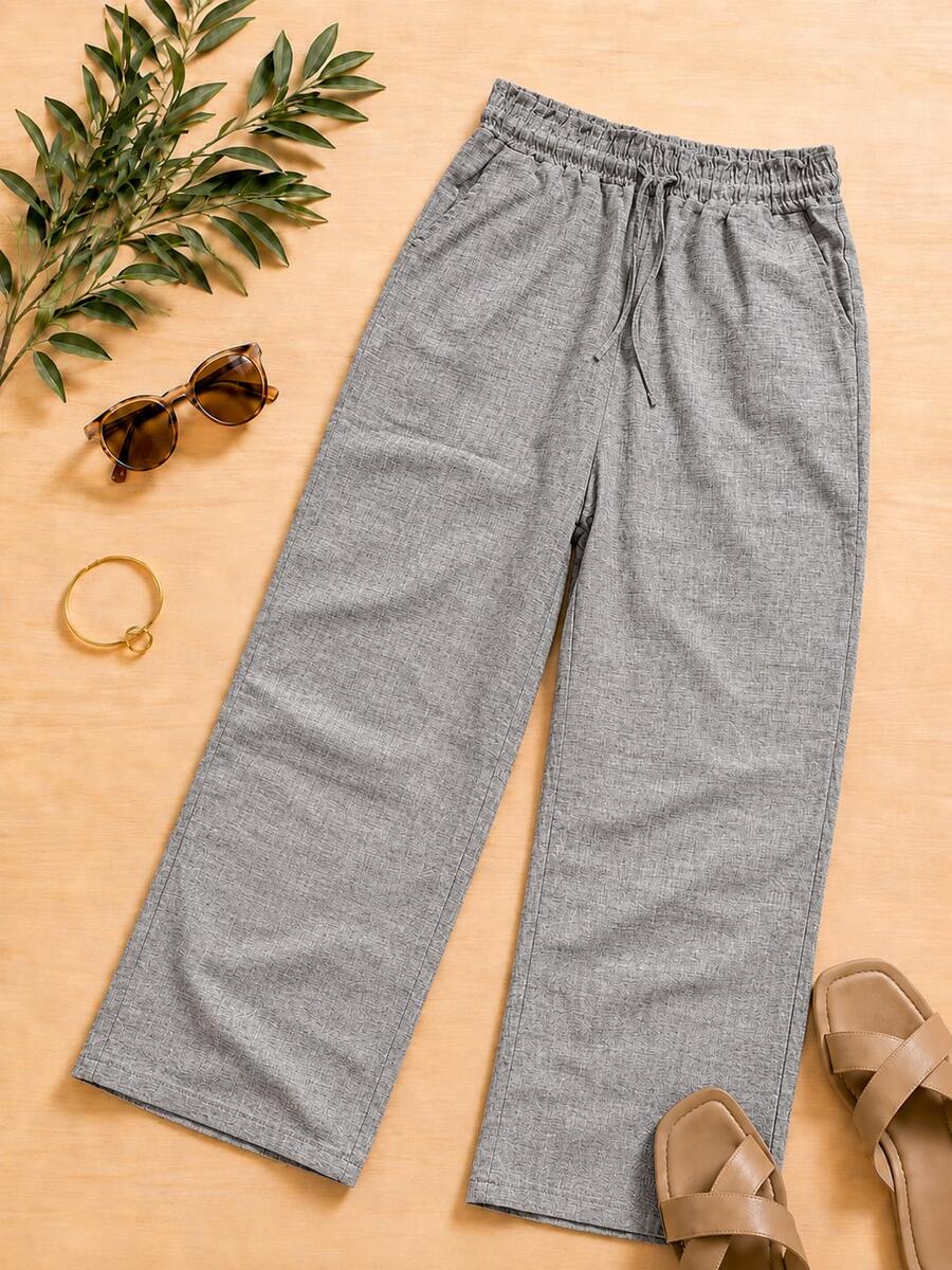 Nes Sport Pantalón Casual Amplio de Mujer con textura tipo lino Pantalones Largos con Cintura Elástica, Bolsillos y Cordón Ajustable - Gris Oscuro - Ver 1