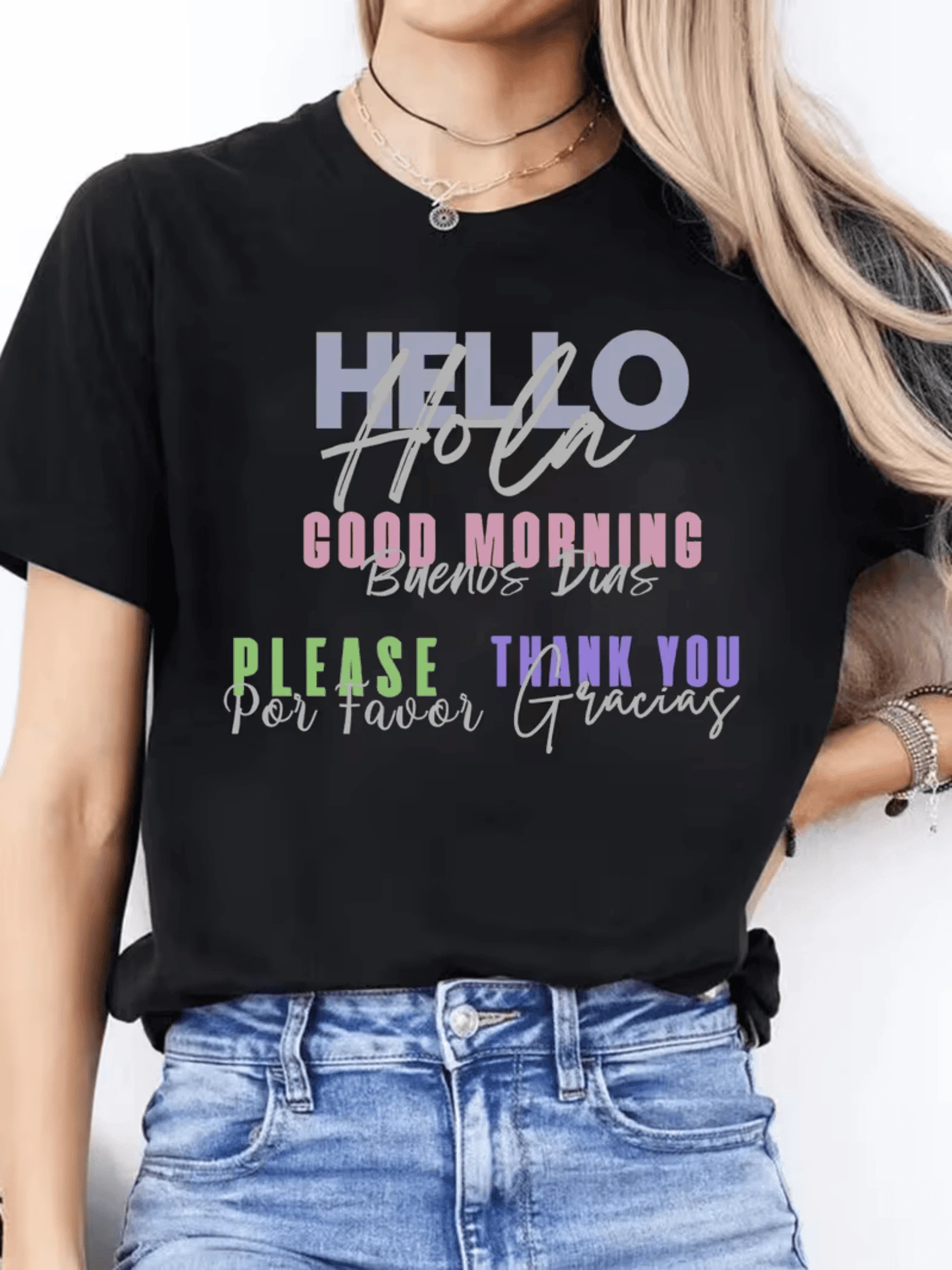 Positive Words In English And Spanish That Inspire Kindness With Phrases Like Hello, Hola, Good Morning, Buenos Días, Please, Por Favor, Thank You, Gracias, Creating A Multicultural Message Of Respect And Cheerful Energy. Modern Casual Women's T-Shirt - 黑色 - 查看 1