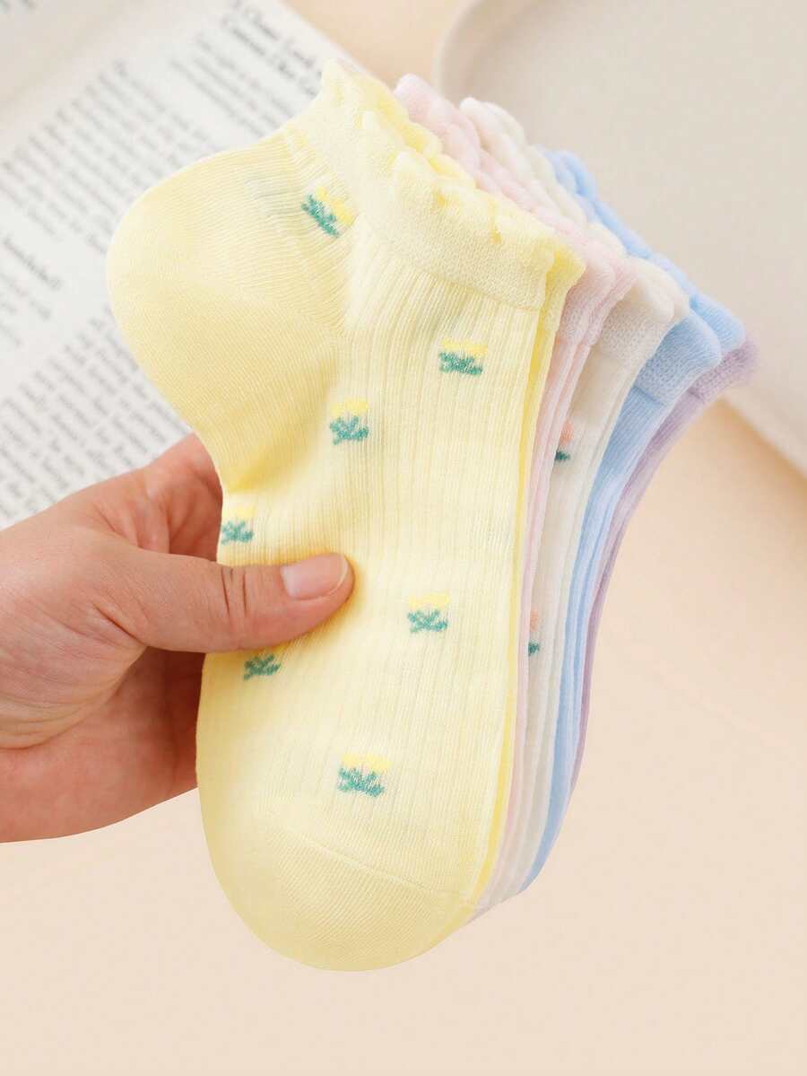 5 Pairs Women's Sweet Floral Pattern Breathable Ankle Socks, Comfortable Daily Wear - Multicolor - View 1