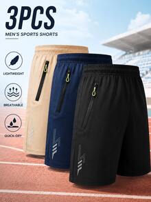 3pcs Men's Sports Shorts, Comfortable Drawstring Elastic Waist, Zipper Pocket Design, Machine Washable, Suitable For Summer Fitness, Running, Basketball, Daily Commute, Fashionable Men's Clothing - Multicolor - View 7