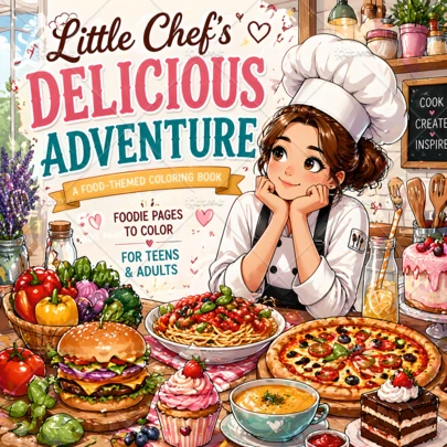 Little Chef's' DELICIOUS ADVENTURE Coloring Book For Relaxation (Cozy Spaces Coloring), Upgraded Deluxe Edition, 24 Pages, Thickened Paper, 20x20cm, Mixed Colors, Art & Craft, Emotional Release, Perfect Gift For Valentine's, Christmas, Halloween, Birthdays For Girls And Boys Teen Kids Toys Graffiti Painting Drawing ﻿