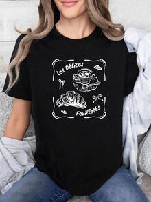 Coffee Cup With Croissants That Conveys Morning Calm And Cozy Moments In A Parisian Cafe With Artistically Painted Details; Comfortable Casual Women's T-Shirt For Everyday Use - 黑色 - 查看 6
