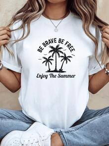 Palm Trees That Represent Freedom And Courage Under The Summer Sun, Evoking Positive Energy And A Desire To Enjoy Every Moment. A Modern, Comfortable Women's T-Shirt For Warm Days. - 白色 - 查看 1
