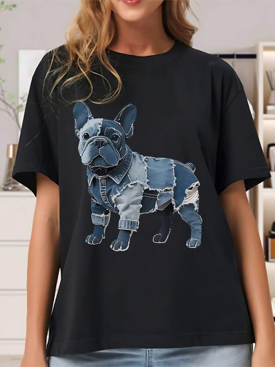 Camiseta de manga corta para mujer en verano, con combinación de tela vaquera y estampado original de perros. - Negro - Ver 1