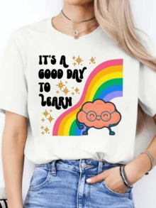 Bright Rainbow With A Smiling Brain Accompanied By Golden Stars That Inspire Positive Energy, Learning And Joy. Comfortable Casual Women's T-Shirt For Everyday Wear, Stylish And Modern. - 白色 - 查看 8