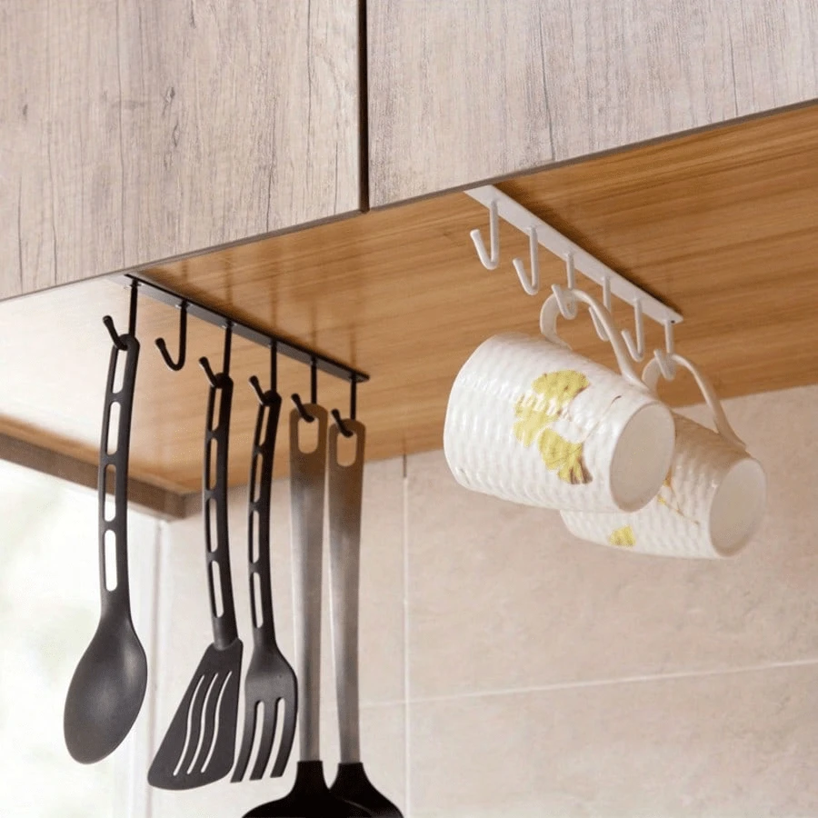 6-Hook Storage Rack, Iron Cabinet Hanging Rack, Kitchen Use, Multi-Functional Hooks, Wardrobe Organizer Rack, Drill-Free Self-Adhesive Kitchen Hooks - Multicolor - View 1